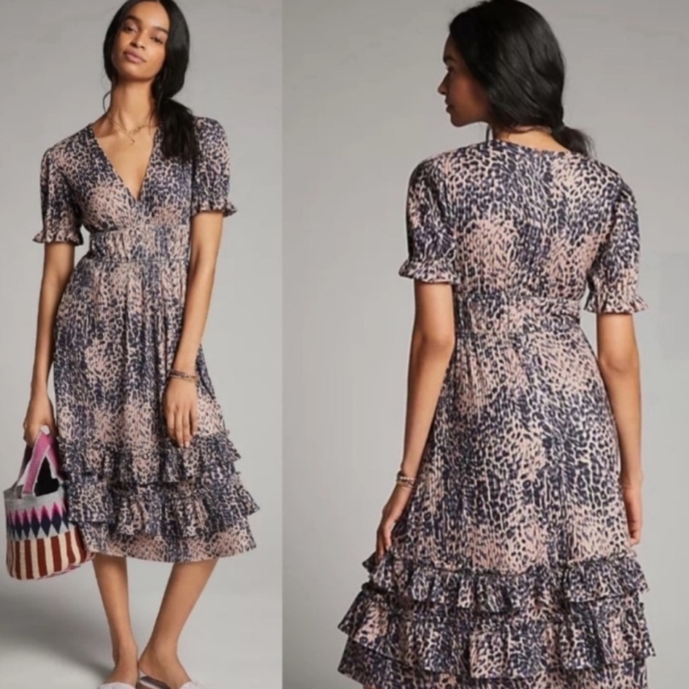 Anthropologie Hutch Navy and Cream Animal Print Midi Dress